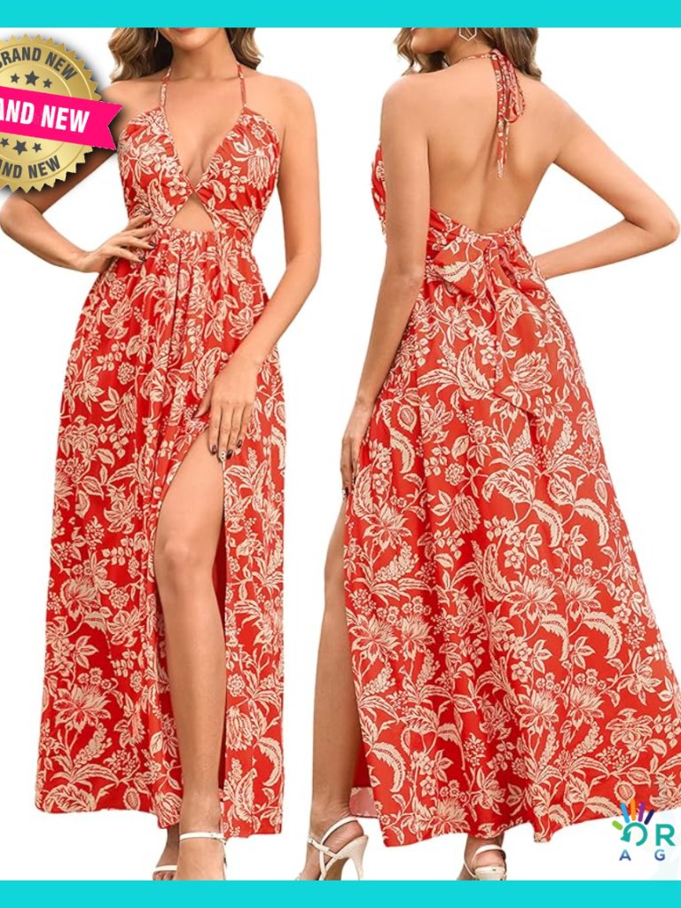 Floral Halter Maxi Dress Boho Beach Vacation Backless Slit Casual Summer